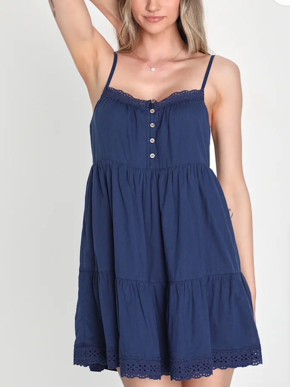 Lulus Y2K Whimsy Elena Gilbert Crochet Cottage Preppy Babydoll Dress Navy Blue M